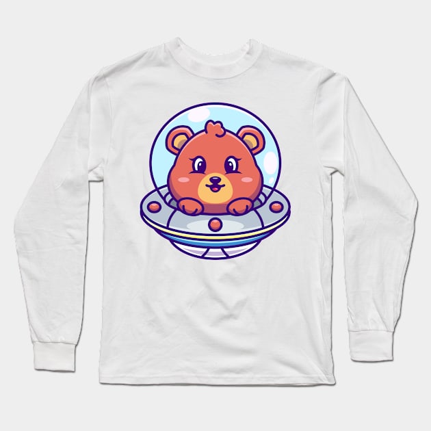 Cute bear flying with spaceship ufo cartoon Long Sleeve T-Shirt by Wawadzgnstuff